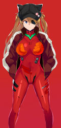 Rule 34 | 1girl, absurdres, blue eyes, bodysuit, breasts, brown hair, closed mouth, commentary, expressionless, eyepatch, facing viewer, feet out of frame, hair between eyes, hands in pockets, hat, highres, jacket, large breasts, legs apart, long hair, long sleeves, looking at viewer, low twintails, maruyaa (malya1006), neon genesis evangelion, open clothes, open jacket, plugsuit, red background, red bodysuit, red theme, simple background, solo, souryuu asuka langley, standing, twintails