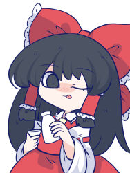 Rule 34 | 1girl, ascot, black eyes, black hair, blush, bottle, bow, chahan (fried rice0614), chibi, choko (cup), collared shirt, cup, detached sleeves, drunk, frilled bow, frilled hair tubes, frilled shirt collar, frills, hair bow, hair tubes, hakurei reimu, hands up, highres, holding, holding bottle, holding cup, long hair, nose blush, one eye closed, red bow, red ribbon, red shirt, red skirt, ribbon, ribbon-trimmed sleeves, ribbon trim, sake bottle, shirt, simple background, skirt, sleeveless, sleeveless shirt, solo, touhou, upper body, white background, white sleeves, yellow ascot