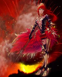 Rule 34 | 1girl, armlet, artist request, breasts, cleavage, corruption, cosplay, crossover, dark persona, fate (series), green eyes, highres, karna (fate), karna (fate) (cosplay), polearm, possessed, possession, pyrrha nikos, red hair, rwby, solo, spear, spiked armlet, weapon