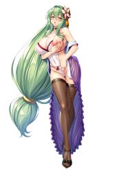 Rule 34 | 1girl, aishuu hebiko, aishuu hebiko (future), blush, breasts, curvy, flower, full body, grabbing own breast, green hair, highres, huge breasts, kagami hirotaka, large breasts, leotard, leotard under clothes, lilith-soft, lipstick, long hair, makeup, moaning, nail polish, navel, nipples, official art, open clothes, sandals, shiny clothes, shiny skin, smile, solo, taimanin (series), taimanin rpgx, thighhighs, very long hair, wide hips, yellow eyes