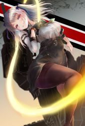 Rule 34 | 1girl, ash arms, bad id, bad pixiv id, black gloves, black pantyhose, black skirt, blurry, blurry foreground, closed mouth, collared shirt, commentary request, covered navel, depth of field, energy whip, gloves, grey eyes, half-closed eyes, head tilt, high-waist skirt, highres, holding, holding whip, leg up, legs, long sleeves, looking at viewer, miniskirt, pantyhose, panzer ii, panzer ii (ash arms), shirt, silver hair, single glove, skirt, smile, solo, takei (jamfusion), tank, two side up, white shirt