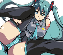 Rule 34 | 1girl, aqua eyes, aqua hair, black thighhighs, detached sleeves, hatsune miku, kamisimo 90, long hair, necktie, panties, skirt, solo, striped clothes, striped panties, thighhighs, twintails, underwear, vocaloid