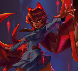 Rule 34 | 1girl, akuma (street fighter), akuma (street fighter) (cosplay), alternate color, blue background, breasts, close-up, cosplay, dark-skinned female, dark skin, eu03, evil, female focus, fukua (skullgirls), futakuchi-onna, impossible clothes, impossible shirt, long hair, looking at viewer, miniskirt, open mouth, outstretched arms, parasite, prehensile hair, red eyes, red hair, school uniform, shamone (skullgirls), shirt, skirt, skullgirls, smile, solo, sparkle