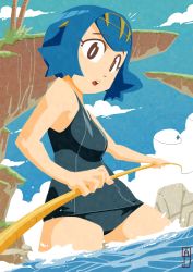 Rule 34 | 1girl, :o, bare arms, bare shoulders, black eyes, black one-piece swimsuit, blue hair, blue sky, breasts, bright pupils, chawalit adsawawalanon, cliff, cloud, creatures (company), day, eyelashes, fishing rod, game freak, grass, hairband, highres, holding, lana (pokemon), medium breasts, nintendo, one-piece swimsuit, open mouth, outdoors, palm tree, pokemon, pokemon sm, school swimsuit, short hair, sky, solo, standing, swimsuit, teeth, tree, trial captain, wading, water
