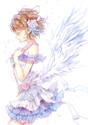 Rule 34 | 10s, 1girl, angel, angel wings, brown hair, dress, closed eyes, flower, from side, hair flower, hair ornament, hairpin, hands on own chest, headset, koizumi hanayo, layered dress, love live!, love live! school idol festival, love live! school idol project, luoye, petals, ribbon, rose, short hair, simple background, smile, solo, two side up, white rose, wings