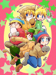 Rule 34 | 5boys, anger vein, animal ears, animal hands, animal hat, animal hood, beanie, biting, black hair, blonde hair, blue eyes, brown hair, butters stotch, cat hat, cat hood, clenched teeth, closed eyes, commentary, ear biting, eating, eric cartman, food, fur-trimmed hood, fur trim, gloves, hat, hood, hood up, hooves, jacket, kenny mccormick, kyle broflovski, long sleeves, male focus, marshmallow, multiple boys, open mouth, pants, paw gloves, paw shoes, pom pom (clothes), pom pom beanie, rabbit ears, red eyes, red hair, sakurapanda, south park, stan marsh, star (symbol), tail, teeth