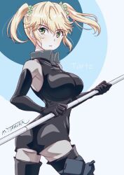 Rule 34 | 1girl, armpits, ass, black gloves, black leotard, black thighhighs, blonde hair, breasts, character name, feet out of frame, gloves, green eyes, hair tie, holding, holding polearm, holding weapon, large breasts, leotard, long bangs, looking to the side, open mouth, polearm, sekai saikou no ansatsusha isekai kizoku ni tensei suru, short twintails, sideboob, signature, simple background, solo, tamura masafumi, tarte (ansatsu kizoku), thighhighs, twintails, weapon