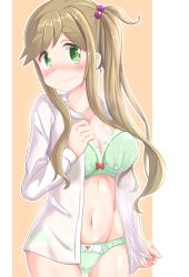 Rule 34 | 1girl, blonde hair, blush, bra, breasts, collared shirt, green bra, green eyes, green panties, highres, inuyama aoi, large breasts, long sleeves, navel, no pants, open clothes, open shirt, panties, ponytail, shirt, side ponytail, simple background, stomach, sweat, turning head, unbuttoned, underwear, upper body, white shirt, yurucamp, yuukin