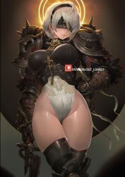 Rule 34 | 1girl, 2b (nier:automata), adapted costume, adepta sororitas, alternate breast size, armor, black blindfold, black corset, black footwear, black thighhighs, blindfold, boobplate, boots, breastplate, breasts, commentary, corset, covered eyes, crossover, english commentary, feather-trimmed sleeves, gauntlets, gluteal fold, halo, hand up, holding, holding sword, holding weapon, impossible clothes, jetpack, knee pads, large breasts, leotard, lips, narrow waist, nier:automata, nier (series), no mole, paid reward available, patreon username, pauldrons, sgt lonely, short hair, shoulder armor, solo, spikes, sword, thigh gap, thighhighs, thighhighs under boots, thighs, warhammer 40k, watermark, weapon, white hair, white leotard