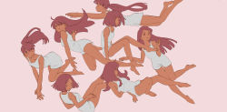 Rule 34 | 6+girls, absurdres, ahoge, bare arms, bare legs, barefoot, closed mouth, collarbone, commentary, dark-skinned female, dark skin, dress, closed eyes, floating hair, highres, long hair, multiple girls, no pupils, original, parted lips, pink background, ponytail, red eyes, red hair, shiki haru, short dress, short hair, simple background, sleeveless, sleeveless dress, twintails, white dress