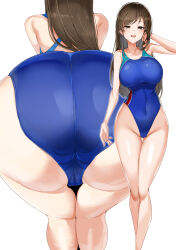 Rule 34 | 1girl, absurdres, ass, bare shoulders, blue one-piece swimsuit, blush, breasts, brown eyes, brown hair, collarbone, covered navel, highleg, highleg swimsuit, highres, idolmaster, idolmaster cinderella girls, large breasts, long hair, looking at viewer, maruyaa (malya1006), multiple views, nitta minami, one-piece swimsuit, open mouth, smile, swept bangs, swimsuit, thighs