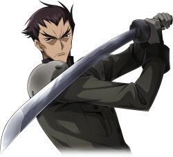 Rule 34 | 1boy, armor, arms up, artist request, brown hair, buttons, closed mouth, code geass, code geass: lost stories, cropped torso, fighting stance, forehead, forked eyebrows, furrowed brow, game cg, gloves, green jacket, grey eyes, grey gloves, holding, holding sword, holding weapon, jacket, katana, long sleeves, looking at viewer, male focus, military uniform, non-web source, official art, pocket, short hair, shoulder armor, simple background, solo, standing, sword, toudou kyoushirou, transparent background, two-handed, uniform, upper body, v-shaped eyebrows, weapon