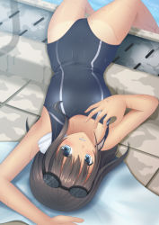 Rule 34 | 1girl, black hair, blue eyes, fuyu urara, goggles, goggles on head, lying, on back, one-piece swimsuit, original, parted lips, pool, short hair, smile, solo, swimsuit, tan, tanline, towel, water
