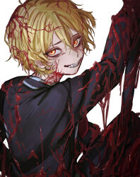 Rule 34 | 1boy, black jacket, black pants, blonde hair, blood, blood in hair, blood on clothes, blood on face, commentary request, grin, jacket, limbus company, long sleeves, looking back, male focus, moth ram, pants, project moon, red pupils, simple background, sinclair (project moon), smile, solo, white background, yellow eyes