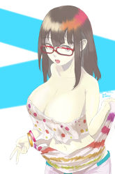 Rule 34 | 1girl, :p, bad id, bad pixiv id, breasts, brown hair, glasses, large breasts, original, red-framed eyewear, see-through, sketch, solo, tin078, tongue, tongue out, undressing