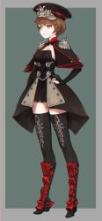 Rule 34 | 1girl, bad id, bad twitter id, black dress, black gloves, black jacket, black thighhighs, boots, breasts, bridal gauntlets, brown eyes, brown hair, closed mouth, dress, epaulettes, full body, gloves, hand on own hip, hat, high heel boots, high heels, highres, jacket, matching hair/eyes, medium breasts, military, military hat, military uniform, natsuhara, original, peaked cap, short hair, solo, standing, thighhighs, uniform
