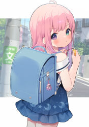 Rule 34 | 1girl, absurdres, aged down, ahoge, backpack, bag, blue dress, blue hair, blurry, blurry background, blush, crime prevention buzzer, dress, from behind, gradient hair, green eyes, heterochromia, highres, himemori luna, himemori luna (sundress), hololive, long hair, looking at viewer, multicolored hair, nyasunyadoora, official alternate costume, outside border, photo background, pink hair, pout, purple eyes, randoseru, solo, standing, straight hair, virtual youtuber