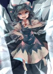 Rule 34 | absurdres, blue bow, blue dress, blue eyes, blue hair, bow, cirno, collared shirt, dress, frilled sleeves, frills, full body, hair bow, highres, ice, ice wings, ijen (ljenejl), looking at viewer, no shoes, open mouth, pinafore dress, puffy short sleeves, puffy sleeves, shirt, short sleeves, sleeveless dress, socks, teeth, touhou, upper teeth only, white shirt, white socks, wings