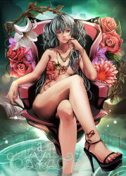 Rule 34 | 1girl, bad id, bad pixiv id, bracelet, chair, feet, flower, hatsune miku, high heels, highres, jewelry, jun jun, legs, crossed legs, lily (flower), long hair, long legs, lots of jewelry, nail polish, necklace, nude, open shoes, realistic, ring, rose, sandals, sitting, solo, toenail polish, toenails, toes, twintails, vocaloid