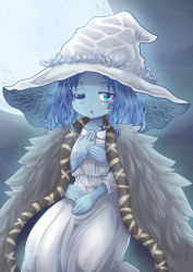 Rule 34 | 1girl, blue eyes, blue hair, blue skin, cloak, colonel aki, colored skin, dress, elden ring, extra arms, full moon, fur cloak, hat, jewelry, looking at viewer, medium hair, moon, one eye closed, parted lips, ranni the witch, ring, sitting, solo, wedding band, white dress, white hat, witch hat