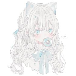 Rule 34 | 1girl, animal ears, artist name, blue bow, blue eyes, blush, bow, braid, cat ears, doughnut, driedflower, food, food in mouth, highres, long hair, looking at viewer, mouth hold, original, signature, simple background, solo, upper body, white background, white hair