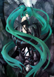 Rule 34 | 1girl, bad id, bad pixiv id, bare shoulders, black rock shooter, black rock shooter (character), black rock shooter (cosplay), boots, cosplay, elbow gloves, from behind, gloves, green eyes, green hair, hatsune miku, highres, long hair, looking back, matching hair/eyes, shanpao, shanpao89925, sitting, solo, twintails, very long hair, vocaloid