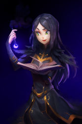 Rule 34 | 1girl, absurdres, black background, black dress, black hair, book, claudia (the dragon prince), commentary, dress, english commentary, floating clothes, green eyes, highres, holding, holding book, long hair, nose, open book, smile, solo, the dragon prince, theartgun, vial