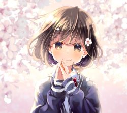 Rule 34 | 1girl, bob cut, bow, bowtie, brown eyes, brown hair, cherry blossoms, closed mouth, collared shirt, flower, hair flower, hair ornament, hands up, jacket, kuga tsukasa, long sleeves, looking at viewer, medium hair, original, own hands together, purple jacket, red bow, red bowtie, shirt, smile, solo, white flower, white shirt, wing collar