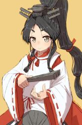 Rule 34 | 1girl, alchera, black hair, brown eyes, folded fan, commentary request, folding fan, hair tie, hand fan, high ponytail, japanese clothes, kantai collection, long hair, long sleeves, looking at viewer, multi-tied hair, nisshin (kancolle), red ribbon, ribbon, short eyebrows, simple background, solo, thick eyebrows, very long hair, wide sleeves, yellow background