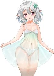 Rule 34 | 1girl, :d, absurdres, akizuki shigure, antenna hair, aqua flower, aqua rose, bare arms, bare shoulders, blush, bra, breasts, bridal garter, collarbone, elf, floral print, flower, frills, hair flower, hair ornament, highres, kokkoro (princess connect!), navel, open mouth, panties, pointy ears, princess connect!, print bra, print panties, rose, see-through, short hair, silver hair, simple background, small breasts, smile, solo, stomach, underwear, underwear only, white background, white bra, white panties