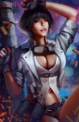 Rule 34 | 1girl, black hair, black nails, black shorts, blurry, blurry background, breasts, bullet, cleavage, cropped jacket, devil may cry (series), devil may cry 5, embers, fingerless gloves, gloves, gnomo del bosque, hand on own head, heterochromia, highres, jacket, kalina ann (weapon), lady (devil may cry), licking lips, looking at viewer, nail polish, navel, scar, short hair, short shorts, shorts, solo, stomach, teeth, tongue, tongue out, white jacket