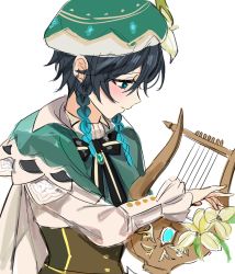 Rule 34 | 1boy, black hair, blue eyes, blue hair, blush, bow, braid, cape, closed mouth, commentary, flower, fractalmagnolia, genshin impact, gradient hair, green hat, hat, hat flower, holding, holding instrument, instrument, long sleeves, lyre, male focus, multicolored hair, music, playing instrument, profile, simple background, solo, symbol-only commentary, twin braids, upper body, venti (genshin impact), white background, white flower