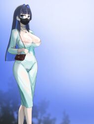 Rule 34 | 1girl, areola slip, bag, black hair, black mask, blue background, blue hair, blunt bangs, breasts, chain necklace, colored inner hair, covered navel, dongtan dress, dress, ear piercing, gradient background, hair intakes, handbag, highres, hololive, hololive english, jacket, jewelry, large breasts, long hair, long sleeves, looking at viewer, mask, mdthetest, meme attire, mouth mask, multicolored hair, necklace, no bra, no panties, ouro kronii, pencil dress, piercing, pubic hair, see-through, skindentation, solo, virtual youtuber, white background, white dress, white jacket