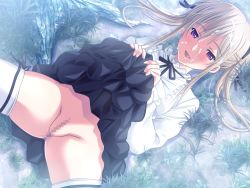 Rule 34 | 1girl, :d, black ribbon, black skirt, blush, censored, clothes lift, cum, cum on hair, facial, female focus, from above, game cg, hair between eyes, hair ribbon, lifted by self, long hair, long sleeves, looking at viewer, lying, m&amp;m, miniskirt, mosaic censoring, neck ribbon, official art, on back, open mouth, outdoors, pink eyes, pussy, ribbon, saint estera gakuin no shichinin no majo, shirt, silver hair, skirt, skirt lift, smile, solo, spread legs, twintails, white legwear, white shirt, yudate doris