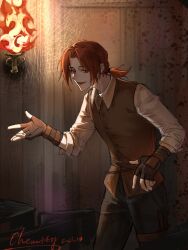 Rule 34 | 1boy, black pants, brown vest, circle of inevitability, dated, fingerless gloves, fire, gloves, highres, indoors, lord of the mysteries, male focus, medium hair, pants, parted lips, ponytail, red eyes, red hair, shirt, signature, solo, vest, wall lamp, white shirt, yigexiaohao39986
