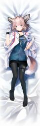 Rule 34 | 1girl, absurdres, ahoge, animal ears, arknights, bed sheet, black choker, black pantyhose, blue eyes, blue shirt, choker, commentary request, dakimakura (medium), fox ears, fox tail, full body, gloves, grey hair, hands up, highres, incredibly absurdres, jacket, looking at viewer, lying, material growth, no shoes, on back, open clothes, open jacket, oripathy lesion (arknights), pantyhose, parted lips, shirt, short hair, solo, sussurro (arknights), tail, thigh strap, vial, welt (kinsei koutenkyoku), white gloves, white jacket
