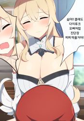 Rule 34 | 2girls, bare shoulders, blonde hair, blush, breasts, cleavage, closed eyes, closed mouth, crossed bangs, curtains, detached collar, detached sleeves, drawing (object), genshin impact, hair between eyes, highres, indoors, jean (genshin impact), klee (genshin impact), large breasts, looking at another, multiple girls, open mouth, picture frame, poyeop, red headwear, standing, translation request, window