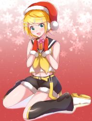 Rule 34 | 1girl, bare shoulders, belt, black collar, blonde hair, blue eyes, box, christmas, collar, commentary, crop top, fang, fur-trimmed headwear, fur-trimmed mittens, fur-trimmed shorts, fur trim, gift, gift box, hair ornament, hairclip, hat, highres, kagamine rin, leg warmers, looking at viewer, midriff, mittens, navel, open mouth, red background, red hat, red mittens, sailor collar, santa hat, shirt, shoes, short hair, short shorts, shorts, sitting, sleeveless, sleeveless shirt, smile, snowflake background, solo, sparkle, supo01, swept bangs, vocaloid, wariza, white footwear, white shirt