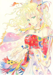 Rule 34 | 1990s (style), 1girl, agahari, amano yoshitaka design, blonde hair, cape, cupping hands, earrings, eyelashes, final fantasy, final fantasy vi, green eyes, half-closed eyes, highres, jewelry, long hair, necklace, own hands together, ponytail, retro artstyle, simple background, square enix, tina branford, traditional media, wavy hair