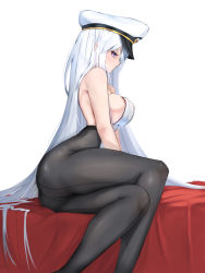 Rule 34 | 1girl, ass, azur lane, bare shoulders, black pantyhose, breasts, enterprise (azur lane), feet out of frame, hat, high-waist pantyhose, highres, large breasts, long hair, looking at viewer, pantyhose, peaked cap, purple eyes, simple background, sitting, solo, sonaworld, very long hair, white background, white hair, white hat