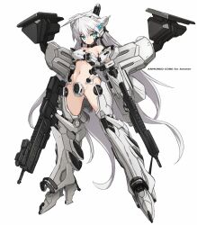 Rule 34 | 1girl, armored core, armored core: for answer, bare shoulders, blue eyes, breasts, closed mouth, commentary request, copyright name, dual wielding, full body, groin, gun, hair between eyes, headgear, highres, holding, holding gun, holding weapon, karukan (monjya), long hair, looking at viewer, mecha musume, navel, personification, revealing clothes, simple background, small breasts, solo, very long hair, weapon, white background, white glint, white hair
