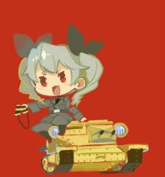 Rule 34 | 1girl, anchovy (girls und panzer), black necktie, black ribbon, carro veloce cv-33, chibi, commentary, drill hair, full body, girls und panzer, green hair, hair ribbon, long hair, looking at viewer, military, military vehicle, mota, motor vehicle, necktie, open mouth, red background, ribbon, simple background, smile, solo, tank, twin drills, twintails