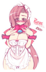 Rule 34 | 1girl, apron, asymmetrical bangs, bespectacled, blush, breasts, breasts squeezed together, brown hair, cuff links, glasses, hip focus, huge breasts, long hair, maid, maid apron, maid headdress, mel/a, naked apron, original, red eyes, ripre, solo, very long hair, wide hips