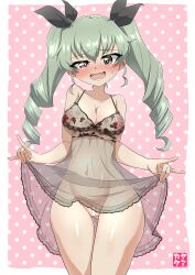 Rule 34 | 1girl, absurdres, anchovy (girls und panzer), blush, breasts, brown eyes, collarbone, drill hair, girls und panzer, green hair, hair ribbon, highres, large breasts, lingerie, long hair, looking at viewer, navel, negligee, nipples, no panties, open mouth, polka dot, polka dot background, pussy, ribbon, simple background, solo, twin drills, underwear, underwear only, yamakake (tororo1293)