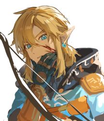 Rule 34 | 1boy, black cape, black gloves, blonde hair, blood, blood on face, blue eyes, blue tunic, bow (weapon), cape, earrings, gloves, hair between eyes, hand on own cheek, hand on own face, highres, hood, hood down, jewelry, link, low ponytail, male focus, medium hair, nintendo, parted lips, pointy ears, sidelocks, solo, the legend of zelda, the legend of zelda: breath of the wild, upper body, weapon, white background, wufaxianshi cnd