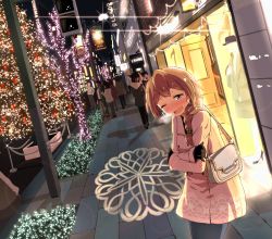 Rule 34 | 10s, 1girl, ;d, aqua eyes, baba konomi, bag, black gloves, blush, braid, breath, brown hair, building, buttons, christmas, christmas lights, christmas tree, city, coat, crossed arms, crowd, dutch angle, earrings, fubuki (pekesan), glint, gloves, hair over shoulder, handbag, head tilt, highres, idolmaster, idolmaster million live!, jewelry, lens flare, long hair, looking at viewer, mannequin, nose blush, one eye closed, open mouth, outdoors, pavement, perspective, pink coat, sidewalk, sign, single braid, smile, solo focus, storefront, vanishing point, winter clothes
