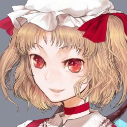 Rule 34 | 1girl, blonde hair, choker, close-up, female focus, flandre scarlet, grey background, hat, mob cap, open mouth, ponytail, portrait, red eyes, short hair, side ponytail, simple background, solo, teeth, touhou, white hat, xero