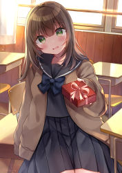 Rule 34 | 1girl, absurdres, backlighting, bad id, bad pixiv id, black bow, black sailor collar, black serafuku, black shirt, black skirt, blush, bow, box, brown cardigan, brown hair, cardigan, chair, commentary request, curtains, desk, gift, gift box, green eyes, hair between eyes, hand up, head tilt, highres, holding, holding gift, indoors, long hair, long sleeves, looking at viewer, minami saki, open cardigan, open clothes, original, parted lips, pleated skirt, sailor collar, school chair, school desk, school uniform, serafuku, shirt, skirt, sleeves past wrists, solo, sunlight, valentine, wavy mouth, window