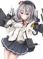 Rule 34 | 10s, 1girl, absurdres, anti-aircraft, anti-aircraft gun, beret, blush, breasts, cannon, epaulettes, frilled sleeves, frills, gloves, grey eyes, hat, highres, jacket, kantai collection, kashima (kancolle), kerchief, machinery, military, military uniform, minami machi, miniskirt, pleated skirt, sidelocks, silver hair, skirt, solo, turret, twintails, uniform, wavy hair, white gloves