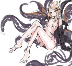 Rule 34 | 1girl, abigail williams (fate), abigail williams (traveling outfit) (fate), alternate hairstyle, ass, bandaid, bandaid on face, bandaid on forehead, barefoot, bikini, bikini bottom only, black bikini, black bow, black jacket, blonde hair, blue eyes, blush, bow, breasts, fate/grand order, fate (series), feet, forehead, hair bow, hair bun, hair over breasts, heroic spirit traveling outfit, highres, hip focus, jacket, legs, long hair, looking at viewer, medium breasts, mhg (hellma), off shoulder, official alternate costume, open clothes, open jacket, orange bow, parted bangs, parted lips, polka dot, polka dot bow, simple background, single hair bun, sitting, sleeves past fingers, sleeves past wrists, solo, swimsuit, tentacles, thighs, topless, white background